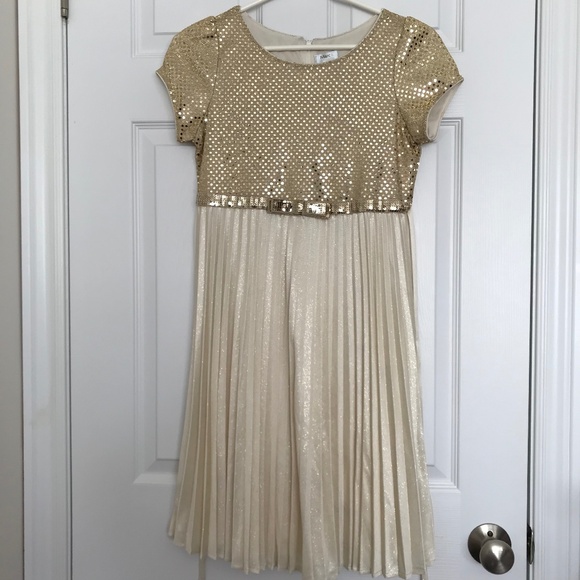 Marc & Maddie Metallic Sequin Pleated Dress Girls Size 14 Gold Short Sleeve - Picture 1 of 11